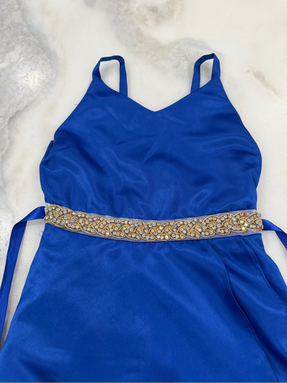 Girls Royal Blue Beaded Waist Evening Dress